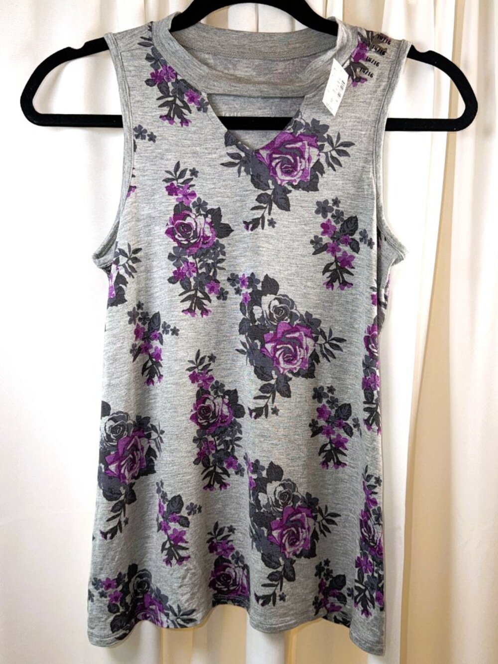 NWT Girls Justice Gray w/Purple & Black Floral Tank Top Size 14/16